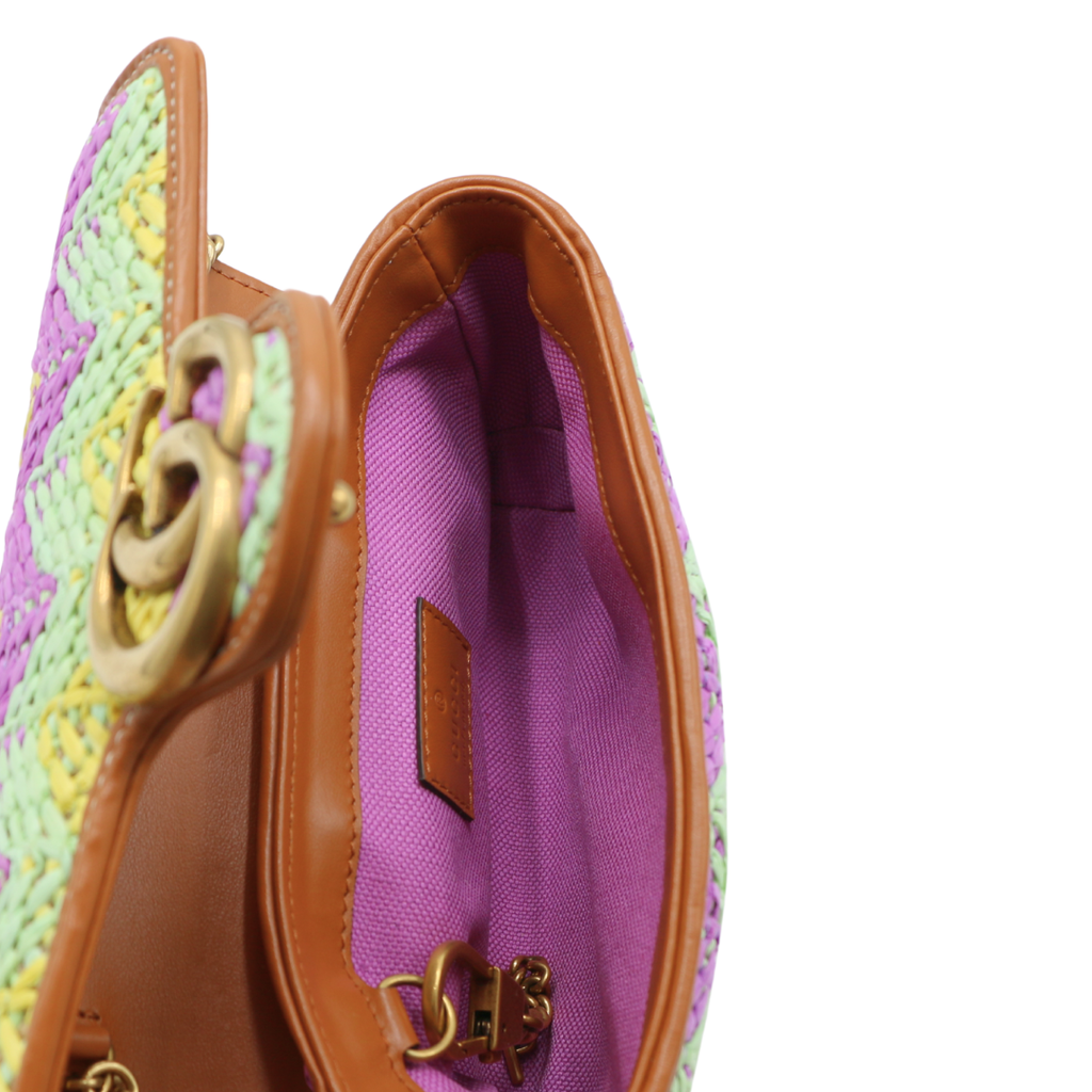 Gucci Woven Raffia Calfskin Super Mini GG Marmont Shoulder Bag Multicolor