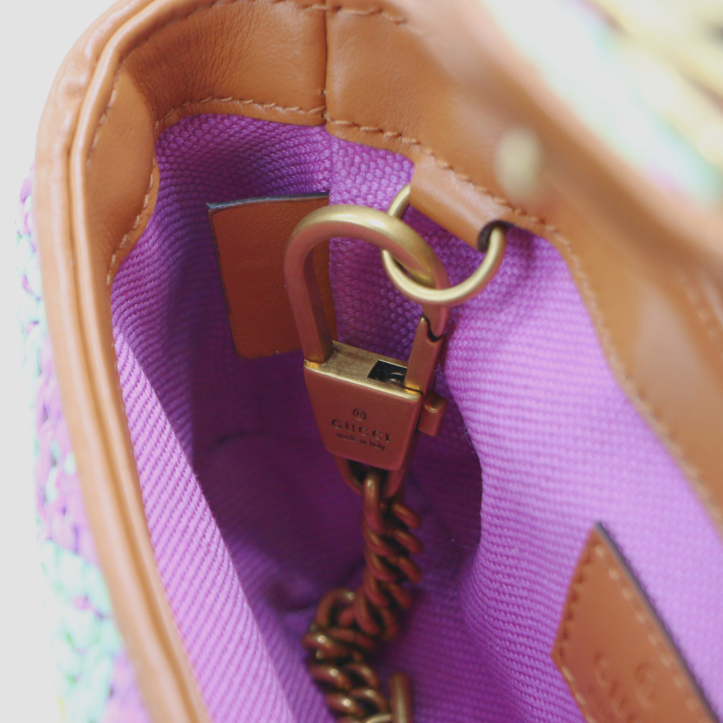 Gucci Woven Raffia Calfskin Super Mini GG Marmont Shoulder Bag Multicolor