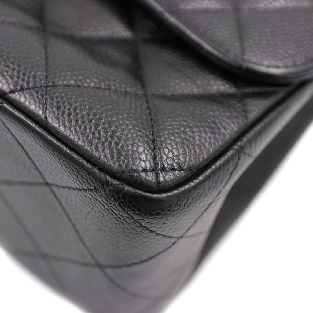 Chanel Classic Double Flap Caviar Jumbo Handbag Silver Hardware Black