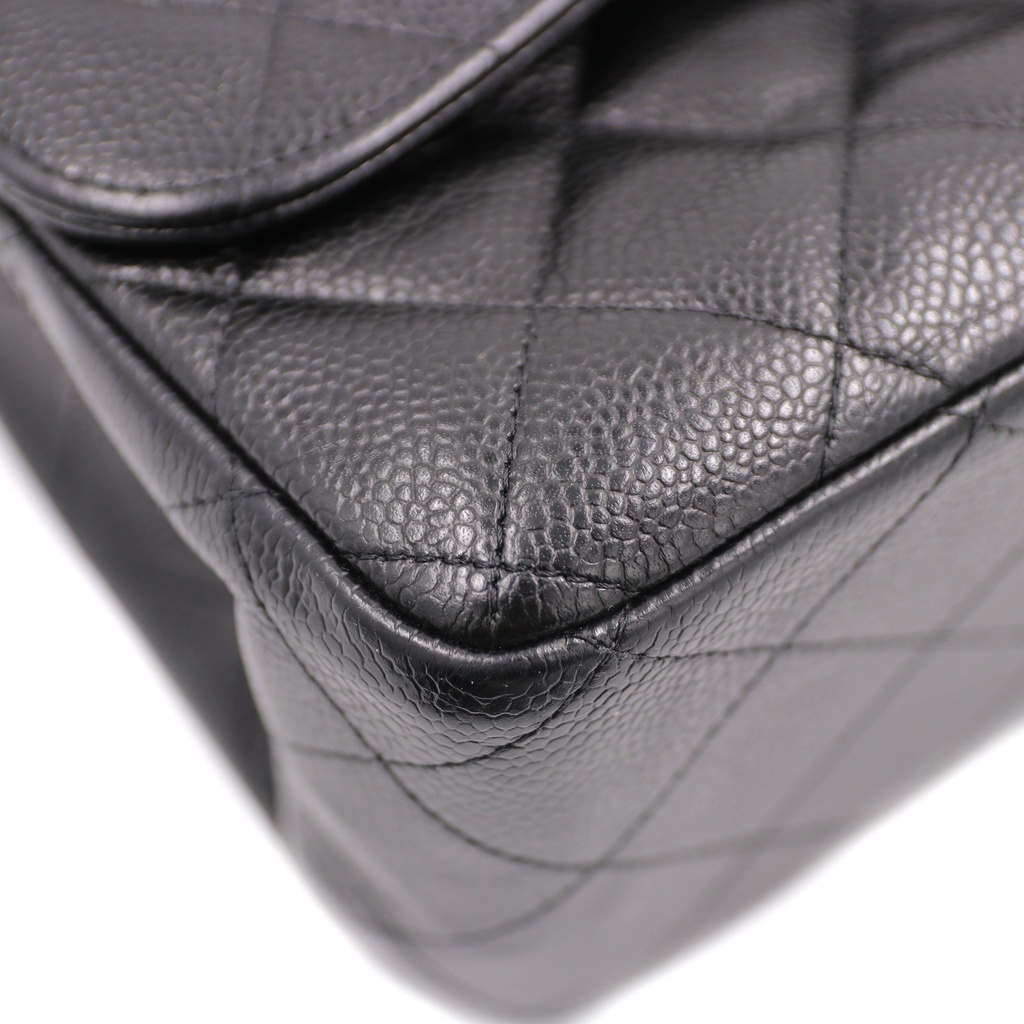 Chanel Classic Double Flap Caviar Jumbo Handbag Silver Hardware Black