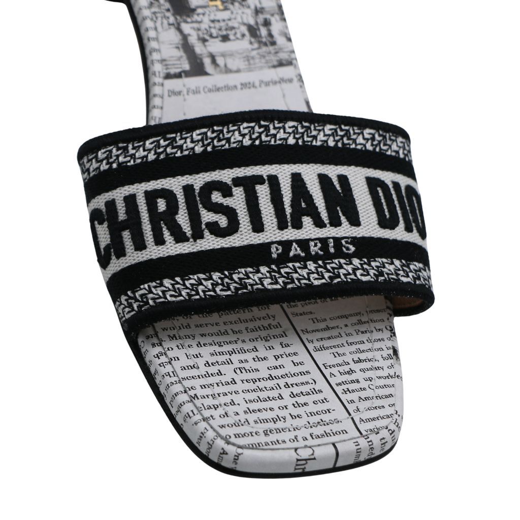 Christian Dior Dway Heeled Slide Black And White Eiffel Tower Embroidered Cotton Size 37 1/2