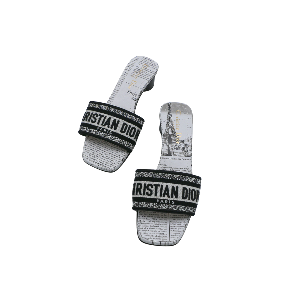 Christian Dior Dway Heeled Slide Black And White Eiffel Tower Embroidered Cotton Size 37