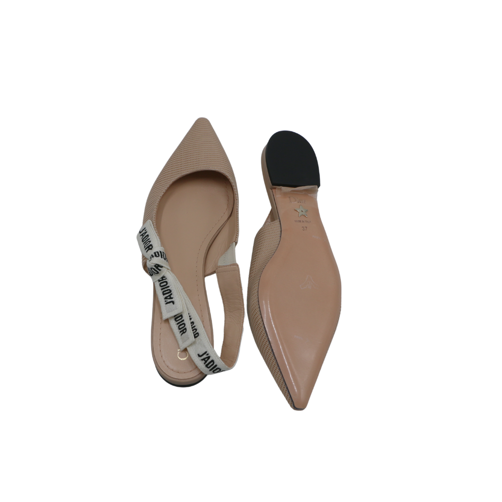 Christian Dior Technical Canvas Ribbon J'Adior Slingback Ballet Flats Beige 37