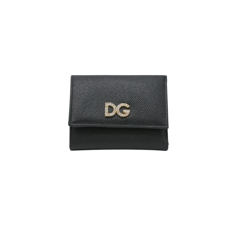 Dolce & Gabbana Black Leather DG Crystals Trifold Wallet