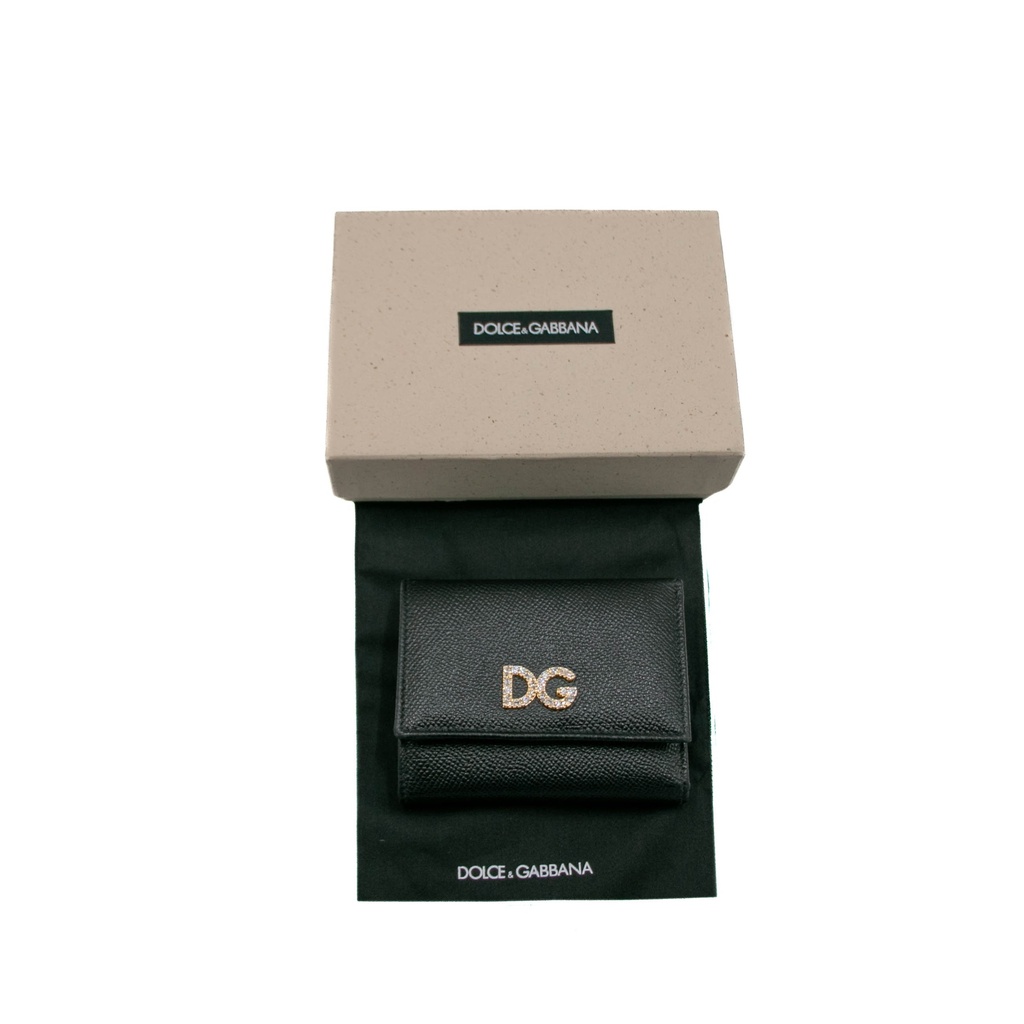 Dolce & Gabbana Black Leather DG Crystals Trifold Wallet