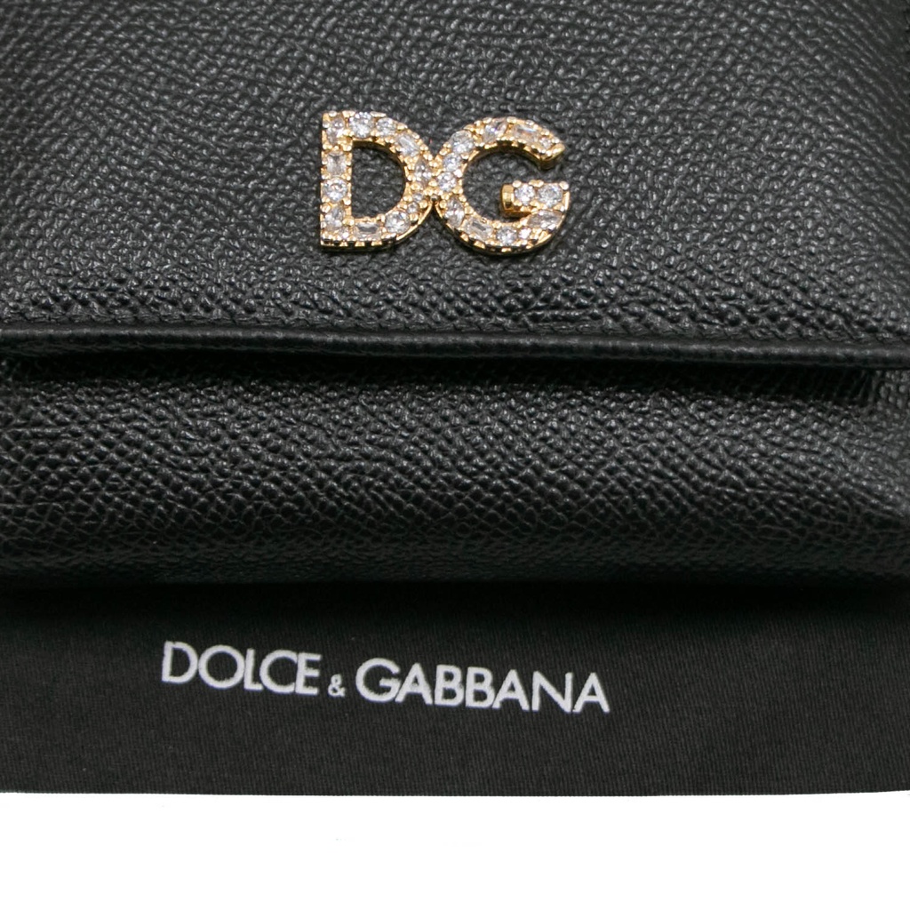 Dolce & Gabbana Black Leather DG Crystals Trifold Wallet