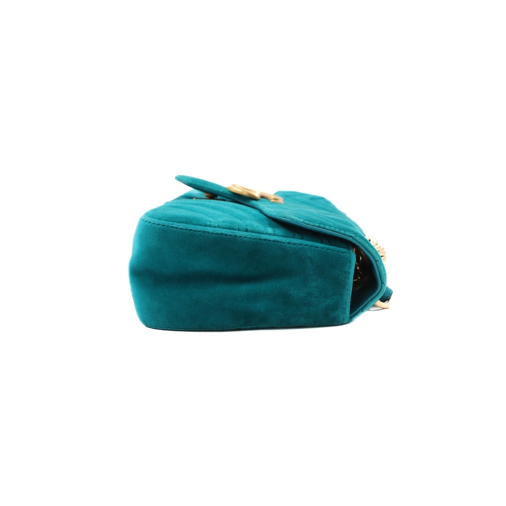 Gucci Velvet Matelasse Small GG Marmont Shoulder Bag Pavone Cyan