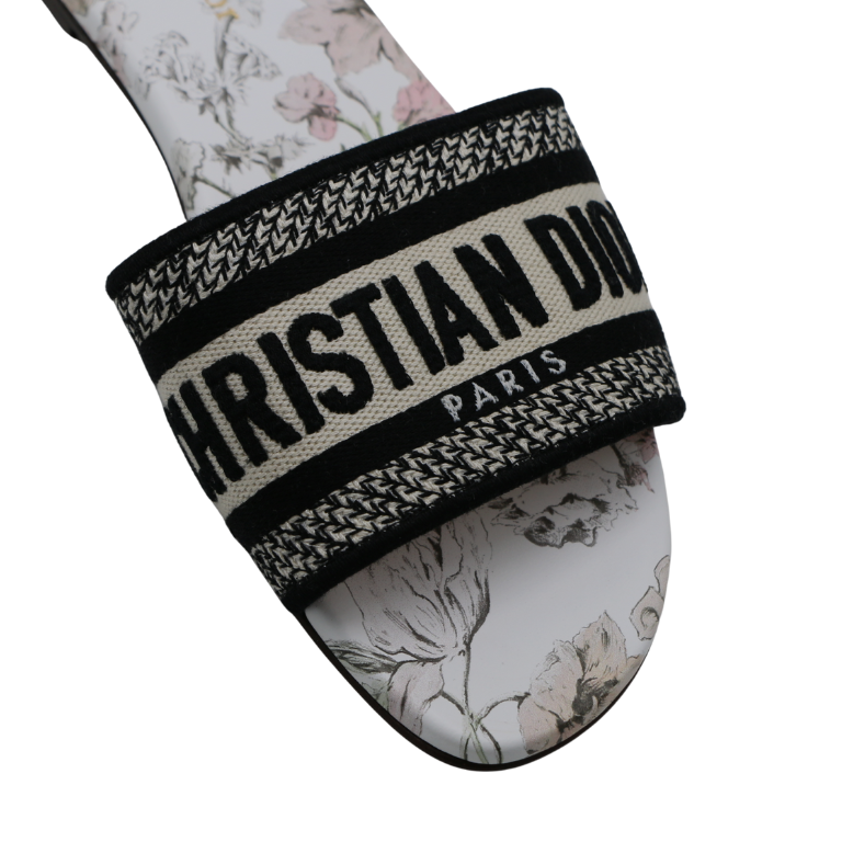 Christian Dior Dway Slide Embroidered Cotton and White Multicolor D-Floral Motif Size 41
