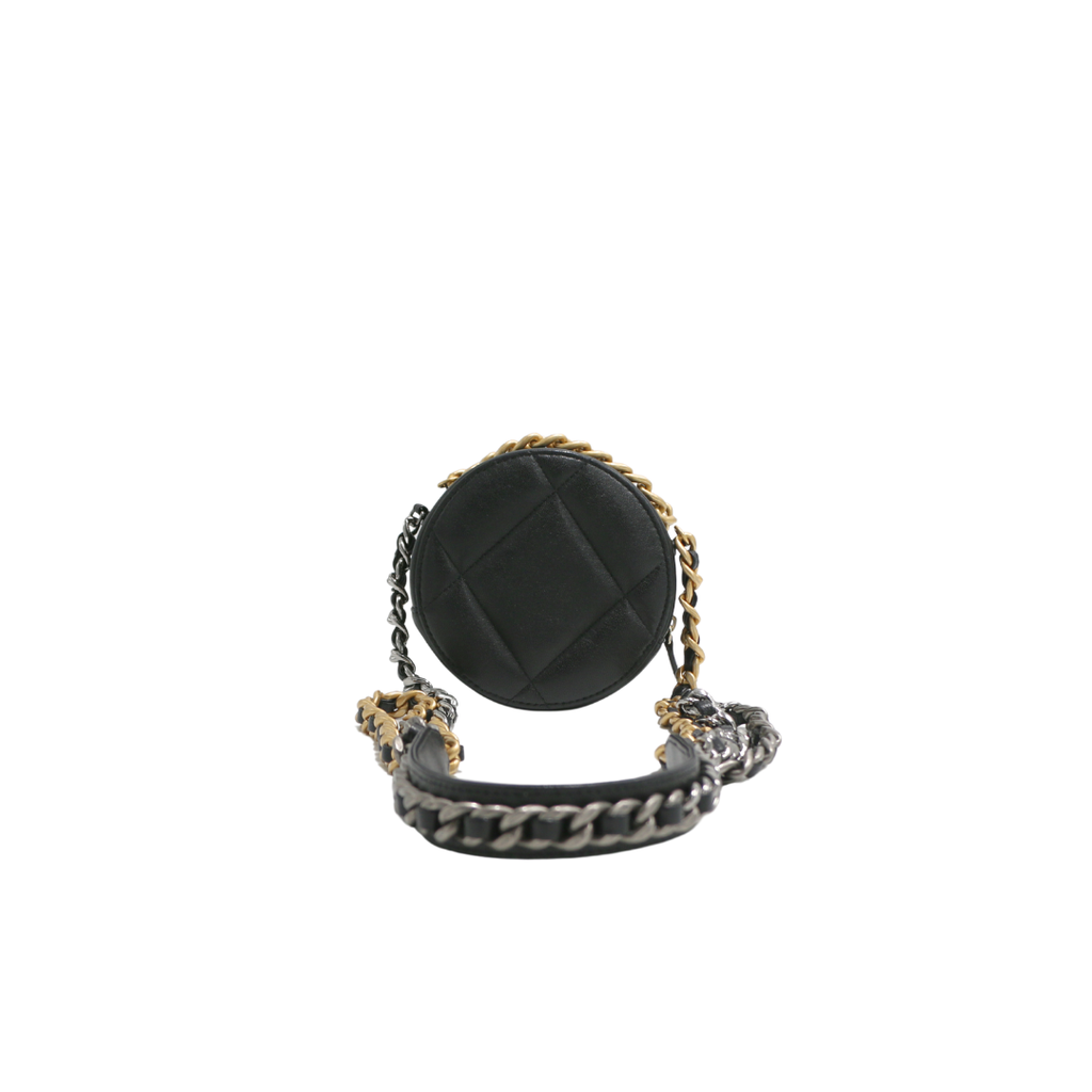 Chanel Shiny Goatskin Quilted Chanel 19 Round Clutch With Chain Black