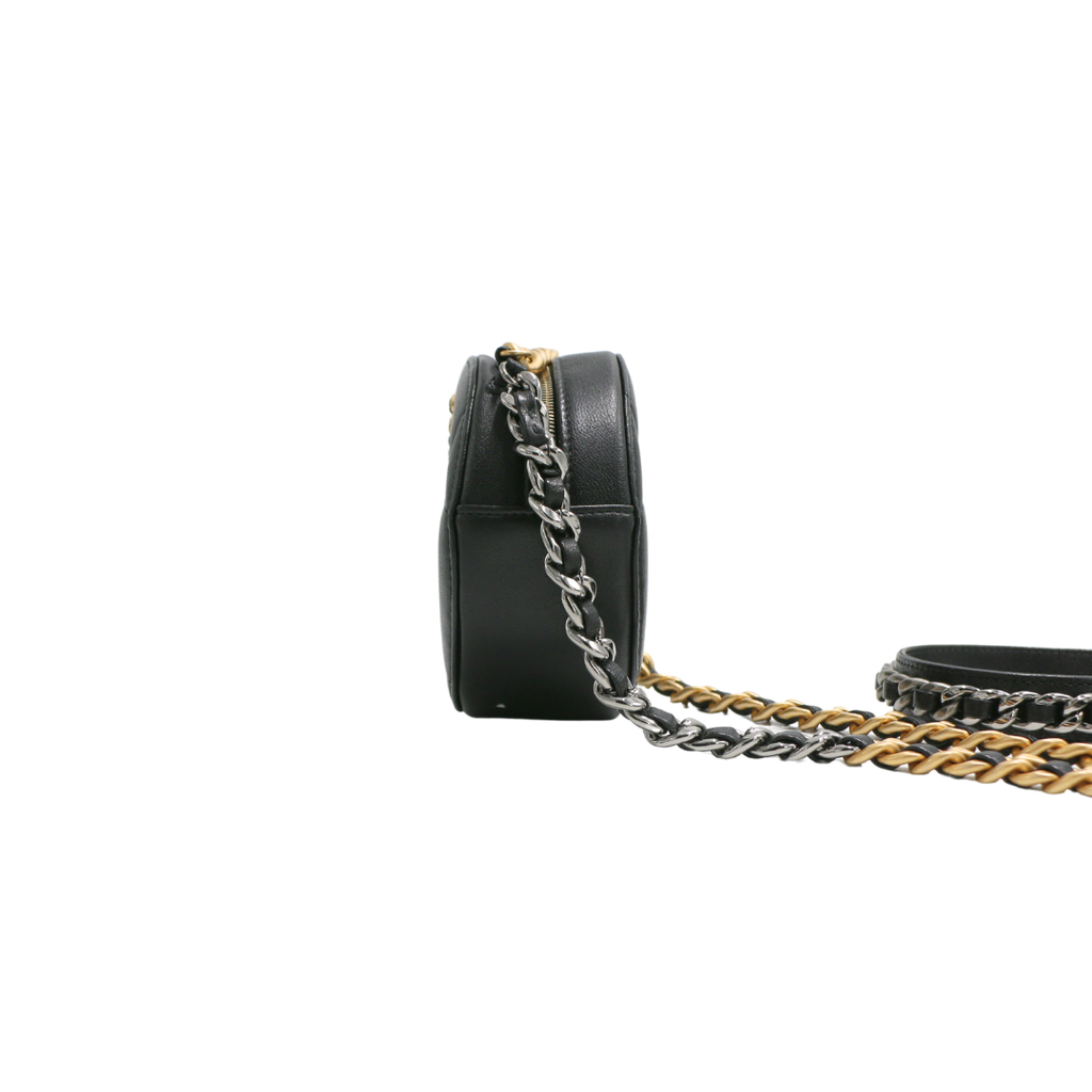 Chanel Shiny Goatskin Quilted Chanel 19 Round Clutch With Chain Black