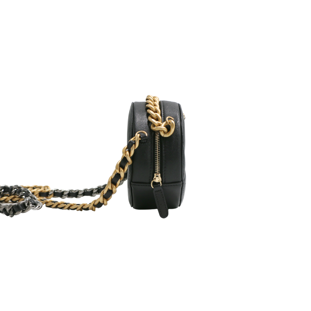 Chanel Shiny Goatskin Quilted Chanel 19 Round Clutch With Chain Black