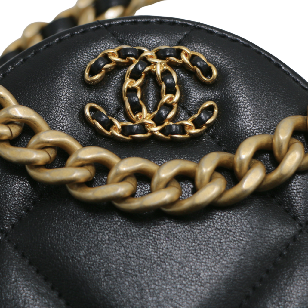 Chanel Shiny Goatskin Quilted Chanel 19 Round Clutch With Chain Black