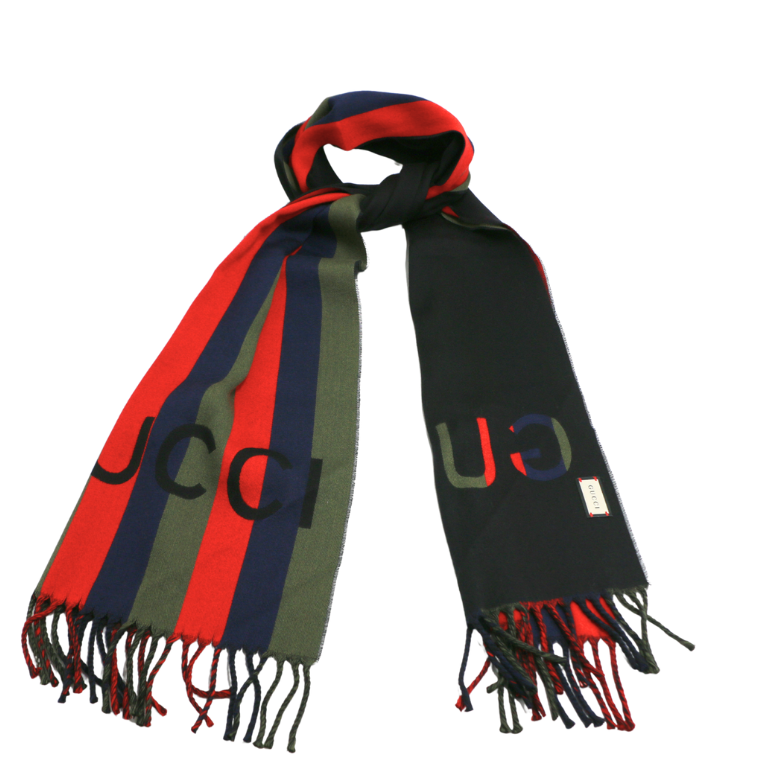 Gucci Wool Blue/Green/Red Stripes Scarf 627873 In Size 33x195