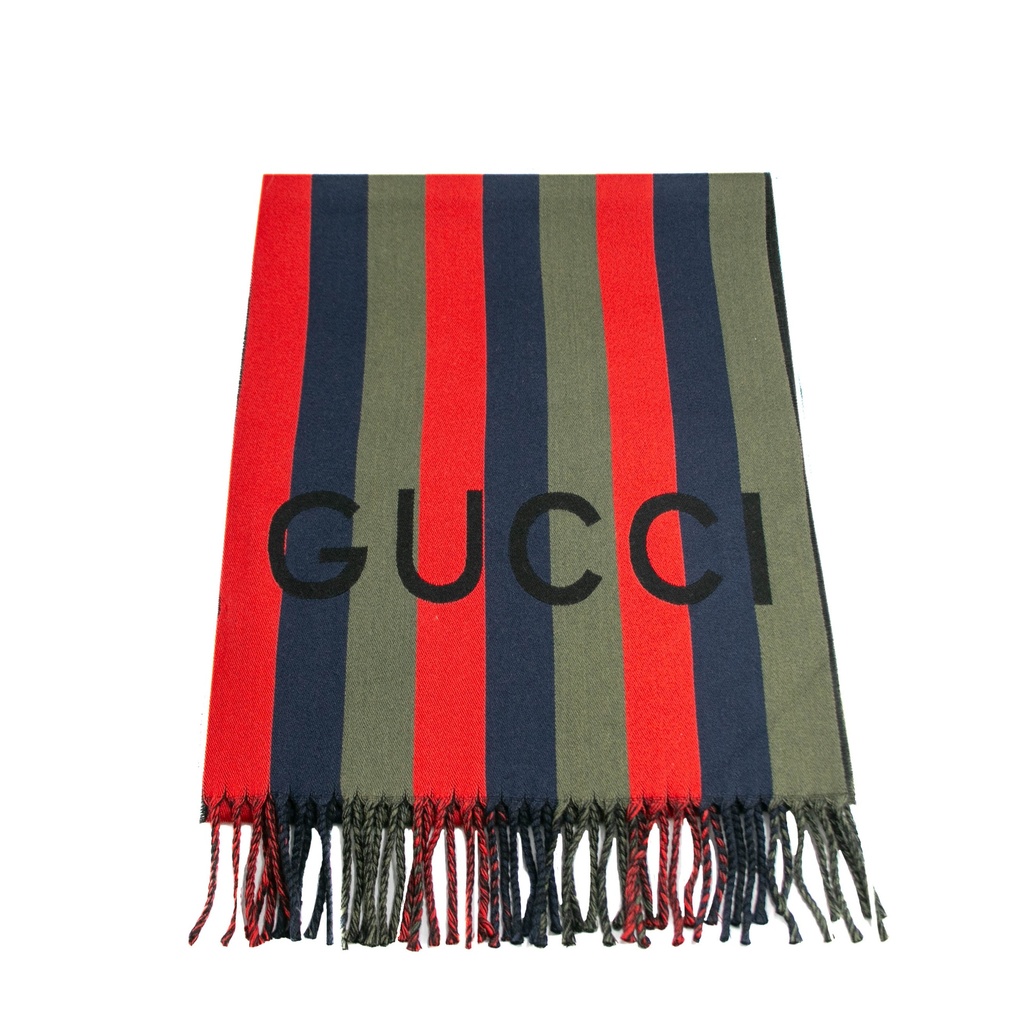 Gucci Wool Blue/Green/Red Stripes Scarf 627873 In Size 33x195
