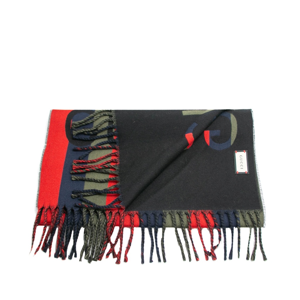 Gucci Wool Blue/Green/Red Stripes Scarf 627873 In Size 33x195