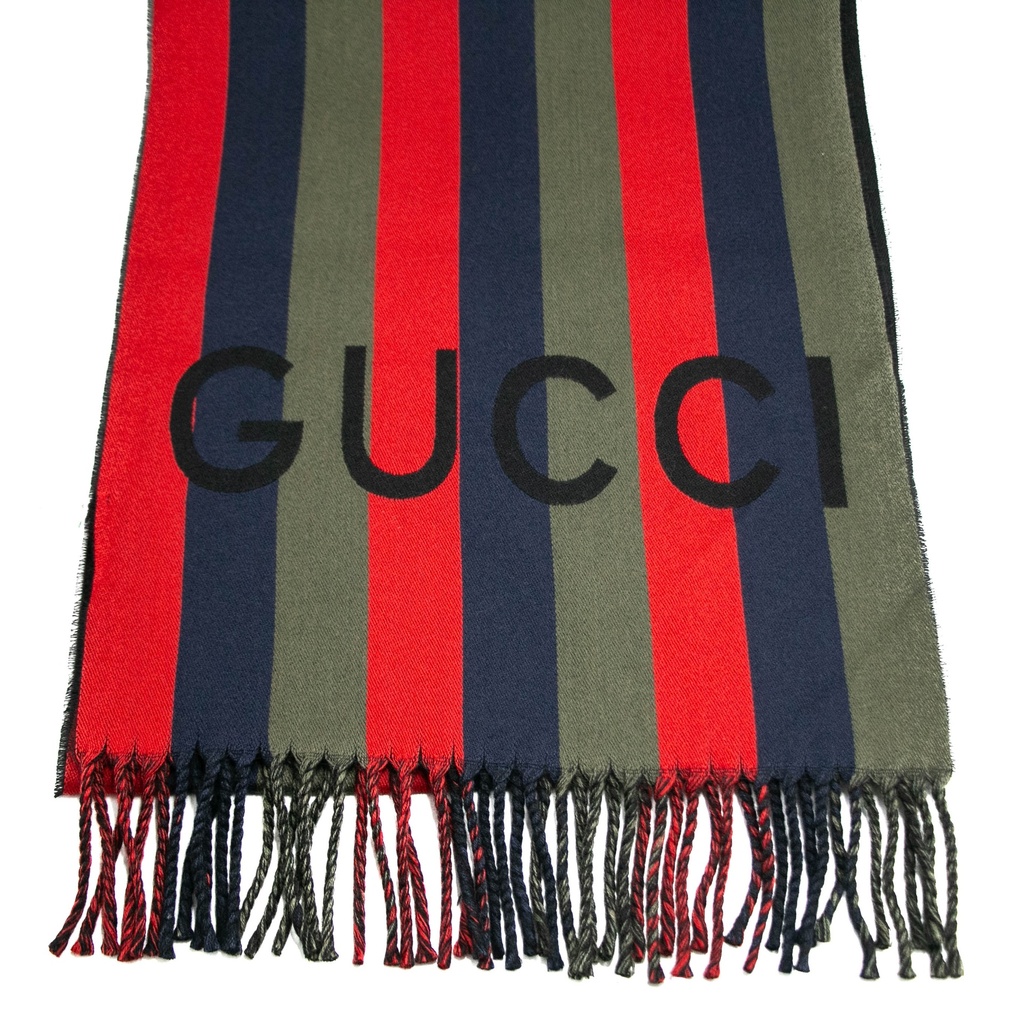 Gucci Wool Blue/Green/Red Stripes Scarf 627873 In Size 33x195