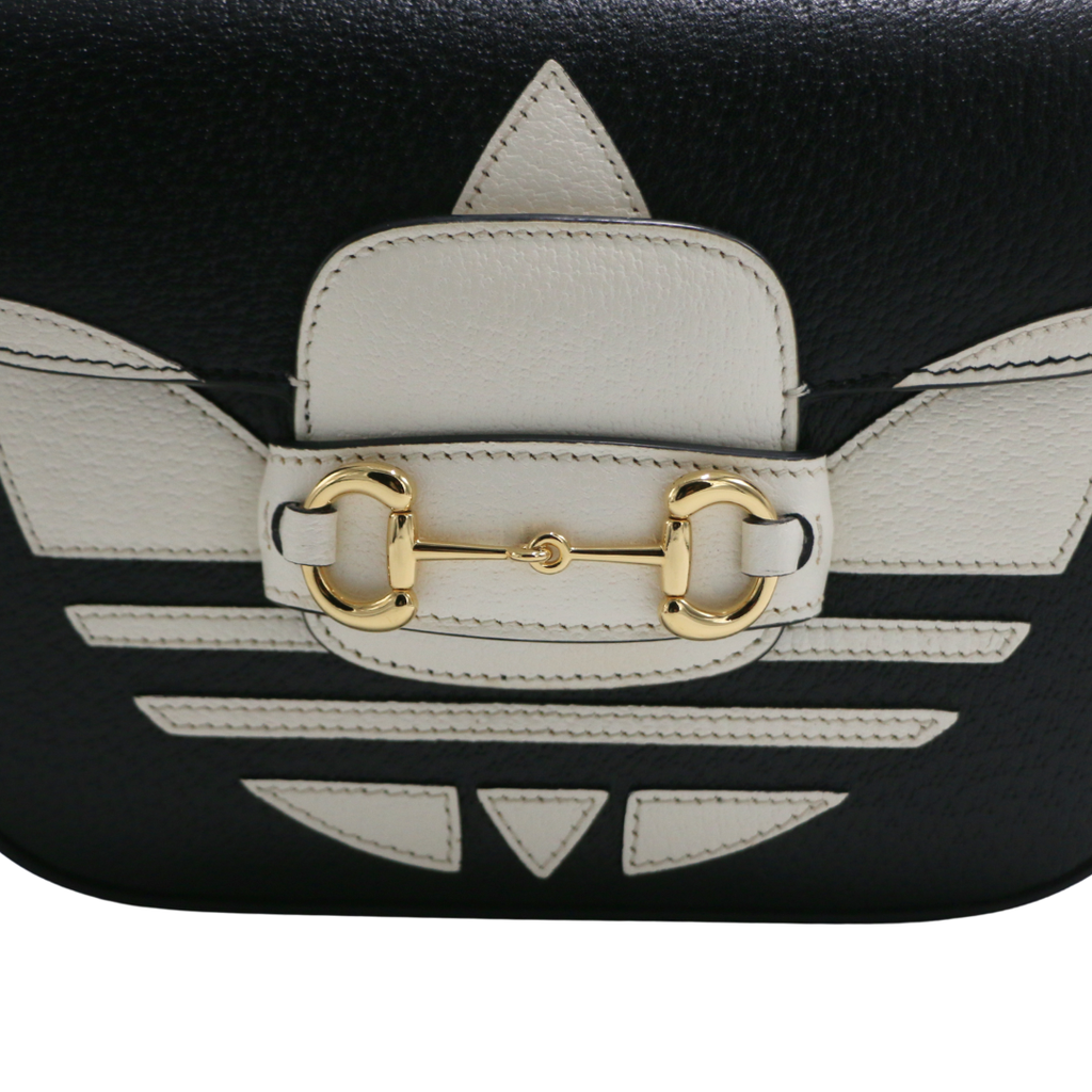 Gucci  X Adidas Textured Calfskin Web Mini Horsebit 1955 Black Shoulder Bag 658574