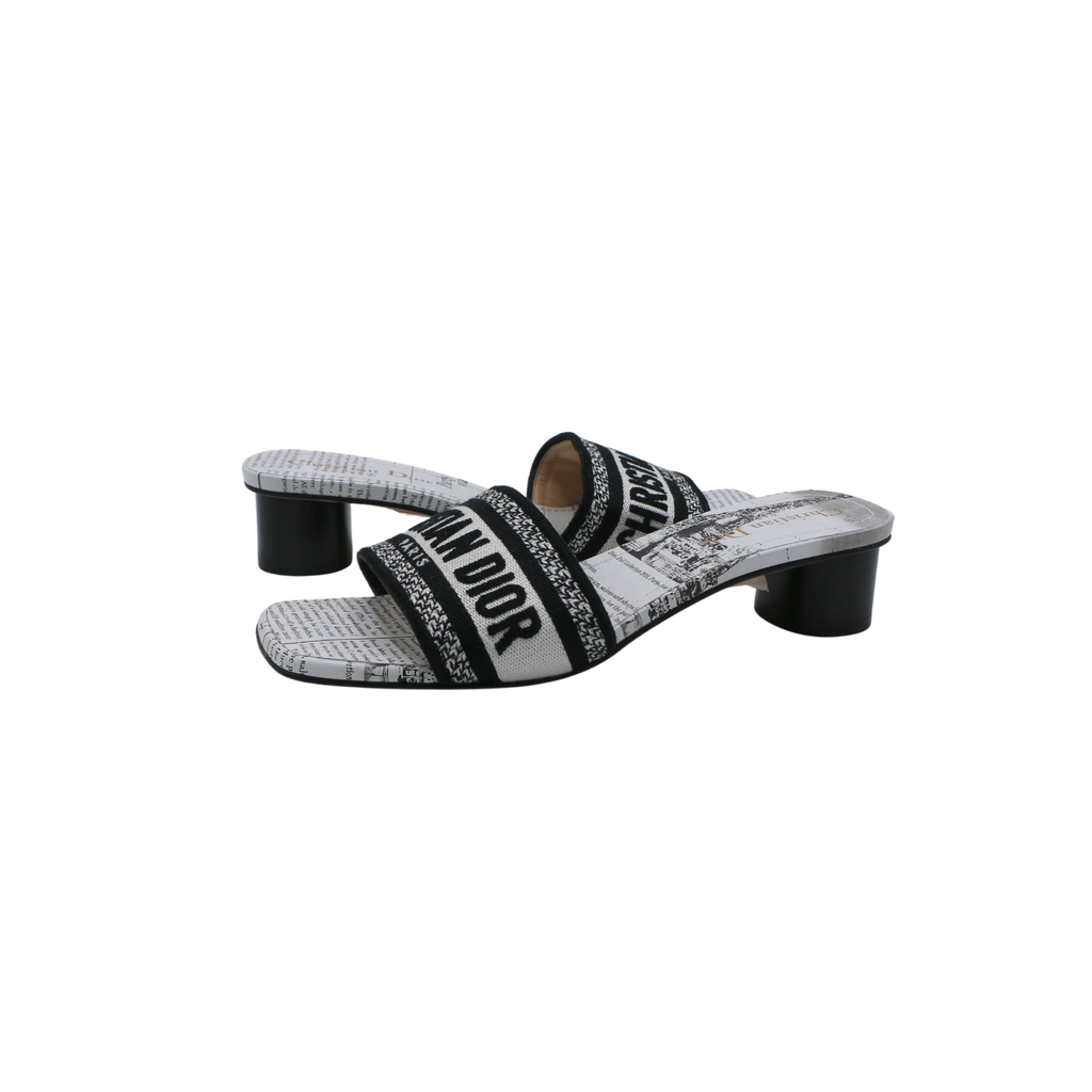 Christian Dior Dway Heeled Slide Black And White Eiffel Tower Embroidered Cotton Size 36 1/2
