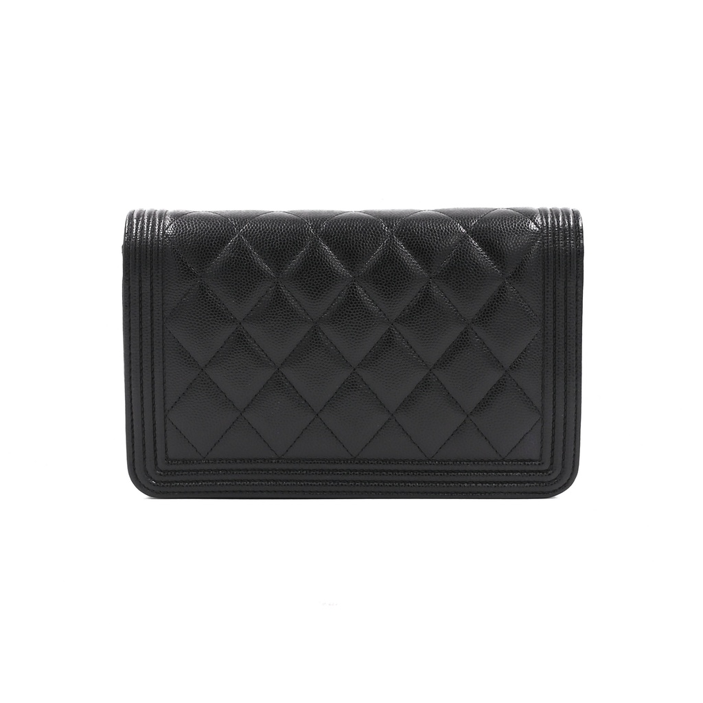 Chanel Black Quilted Caviar Leather Boy Wallet On Chain