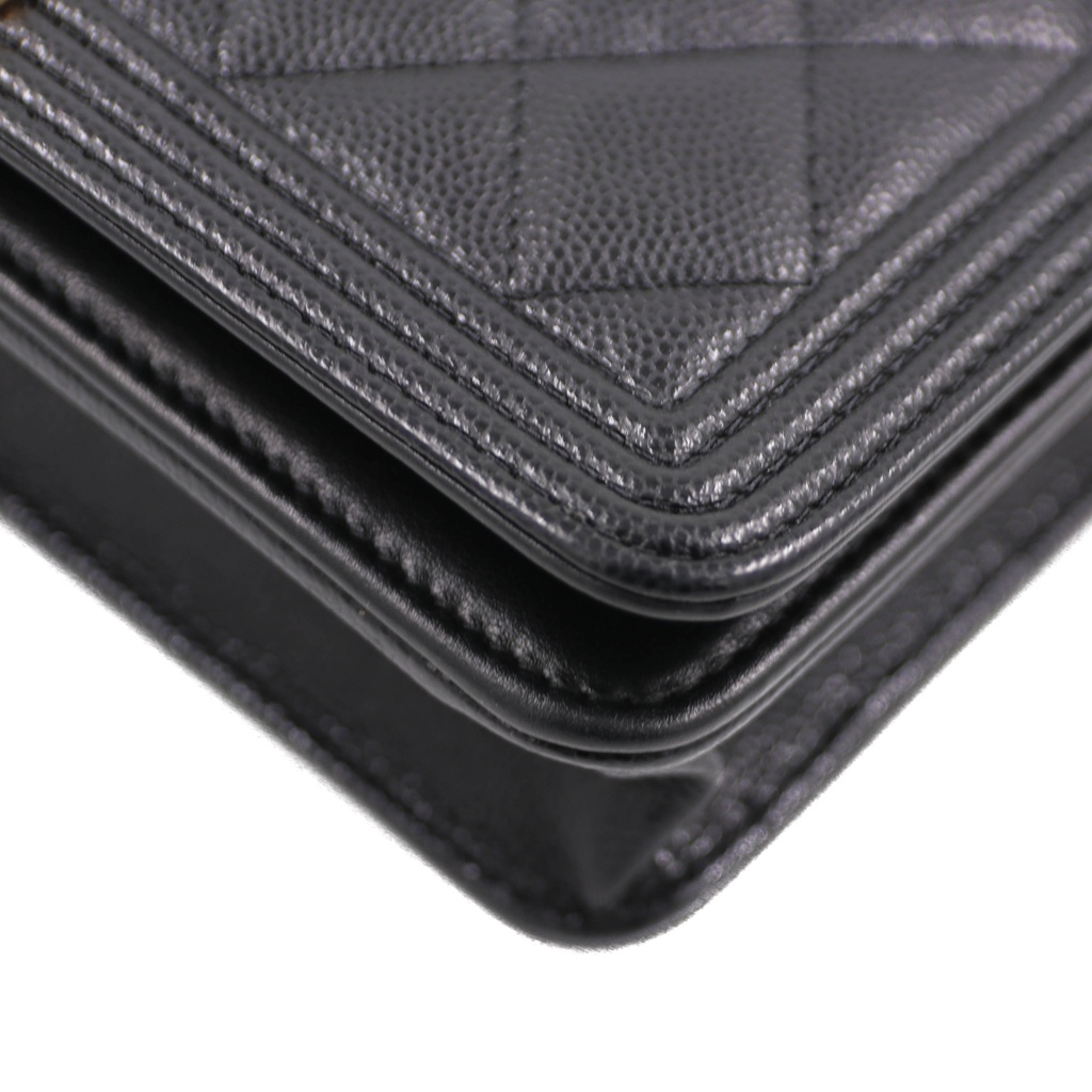 Chanel Black Quilted Caviar Leather Boy Wallet On Chain