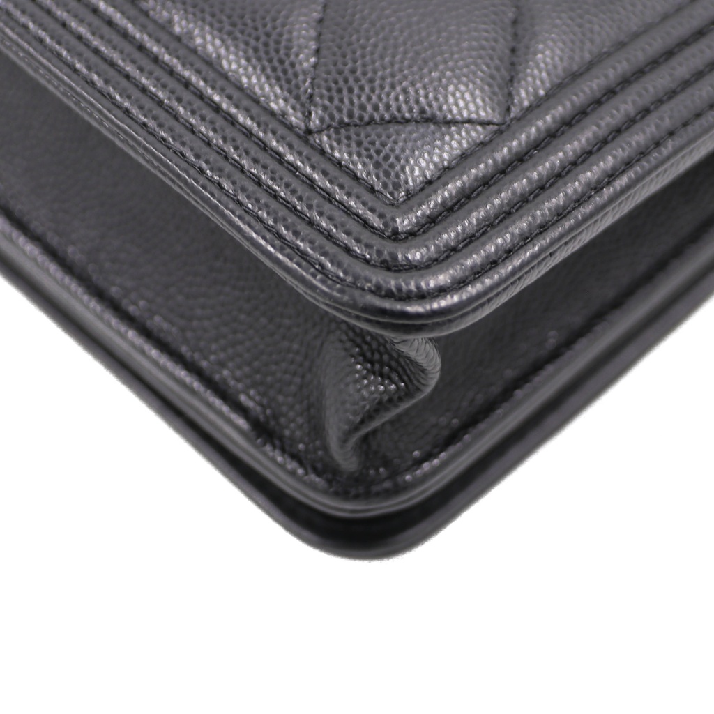 Chanel Black Quilted Caviar Leather Boy Wallet On Chain