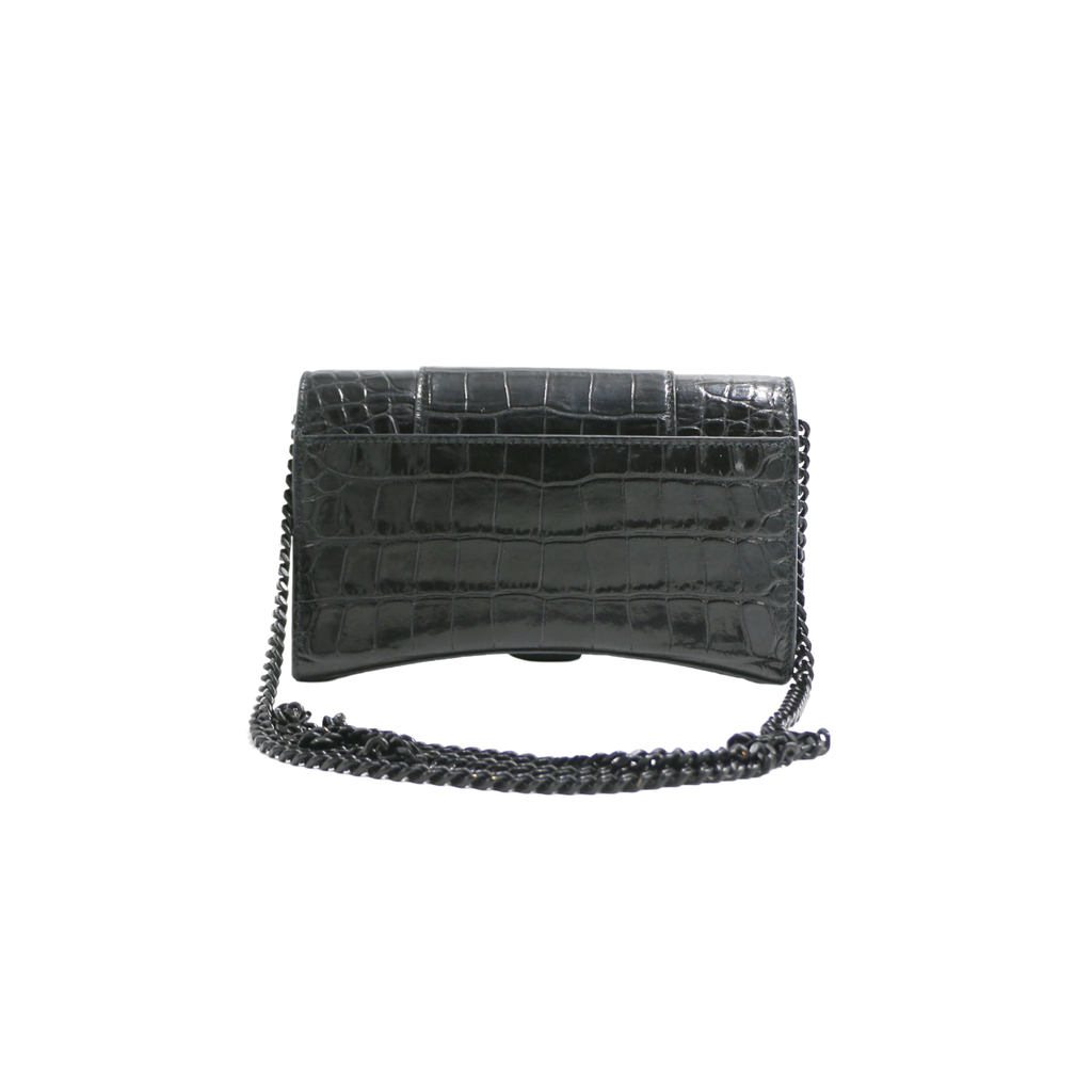 Balenciaga Hourglass Chain Wallet Crocodile Embossed Black