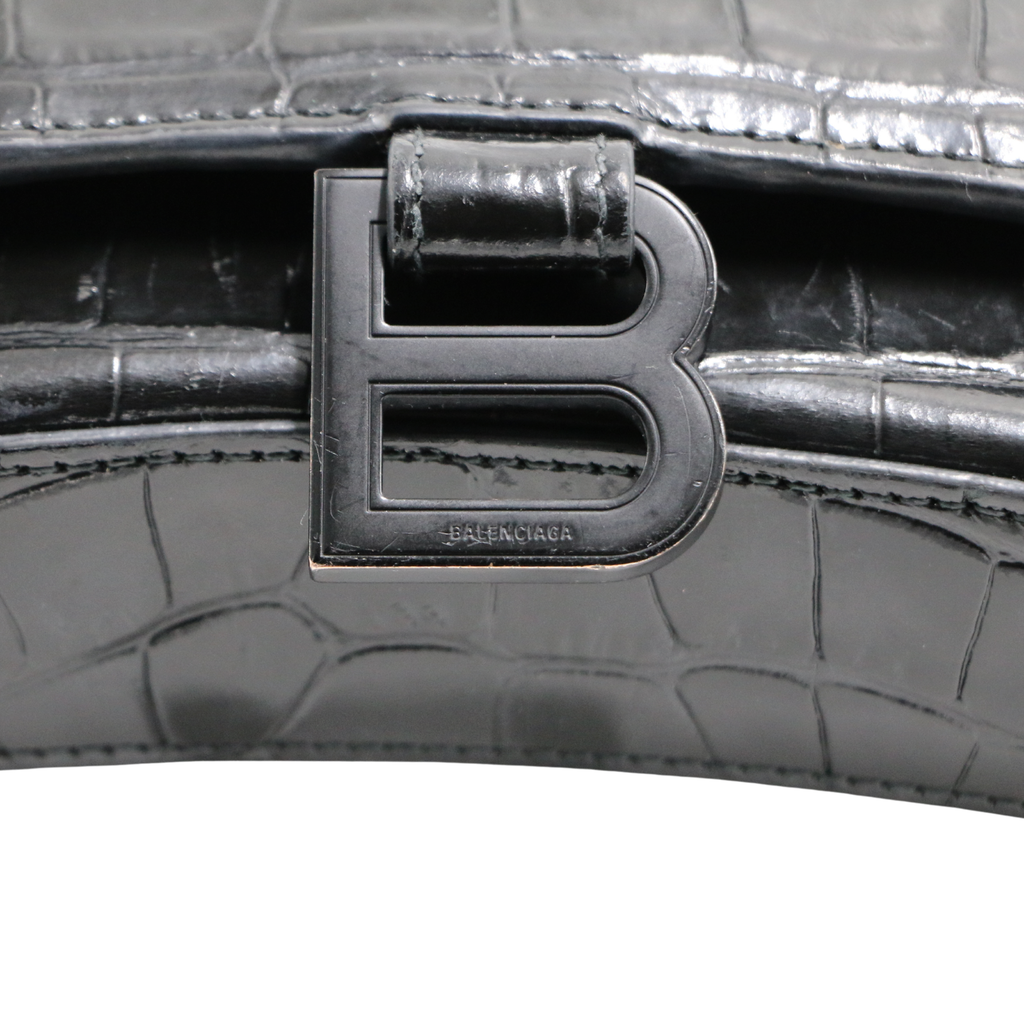 Balenciaga Hourglass Chain Wallet Crocodile Embossed Black