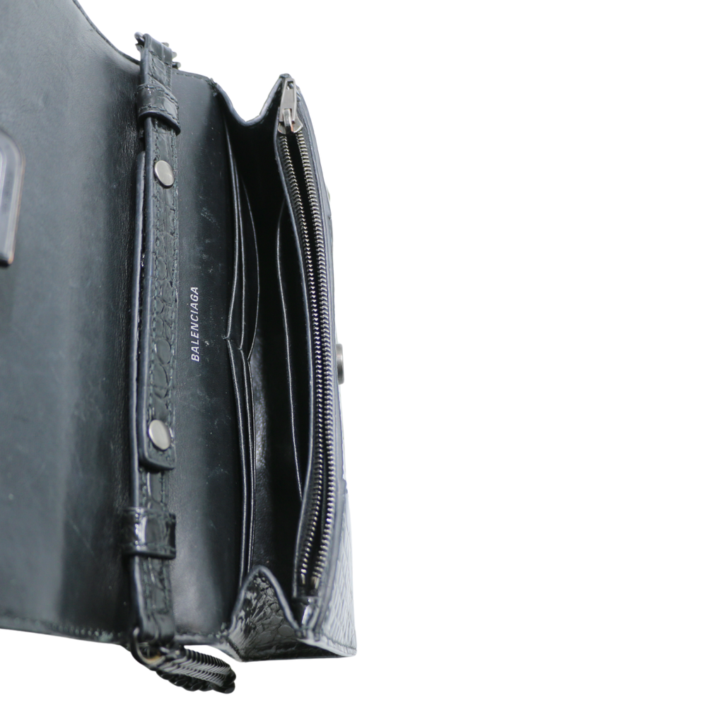 Balenciaga Hourglass Chain Wallet Crocodile Embossed Black