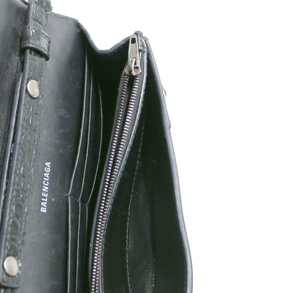 Balenciaga Hourglass Chain Wallet Crocodile Embossed Black