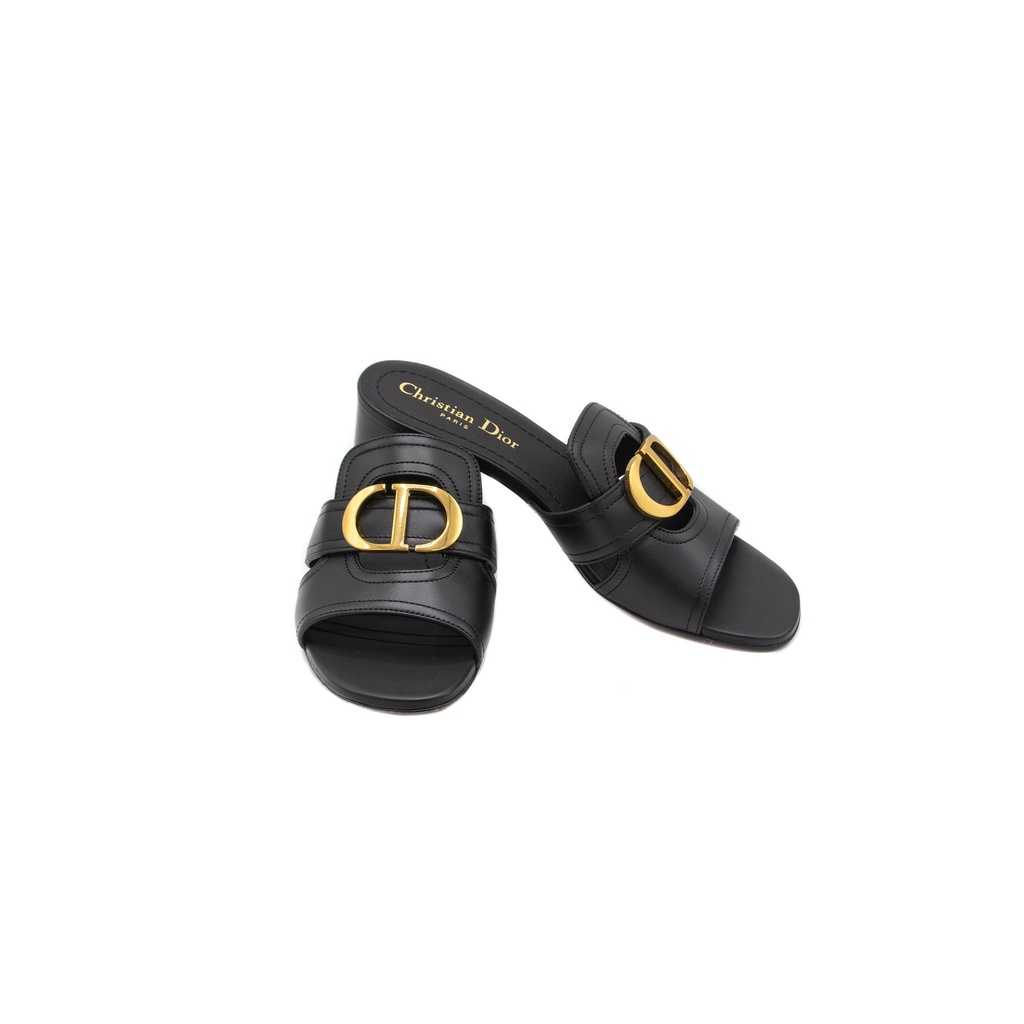 Christian Dior 30 Montaigne Heeled Slide Black Calfskin Size 37