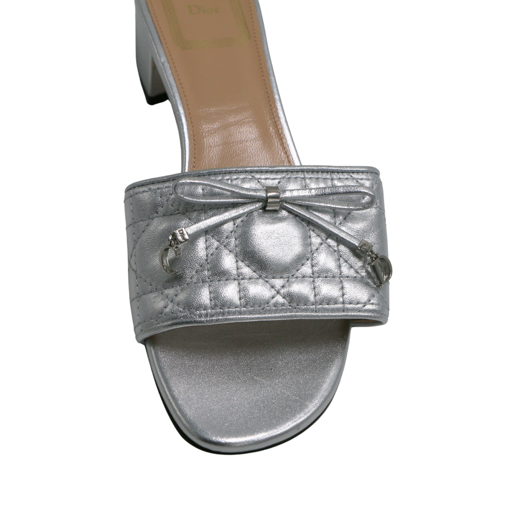Christian Dior Lady Dior Heels Slide Lambskin Silver In Size 37 1/2