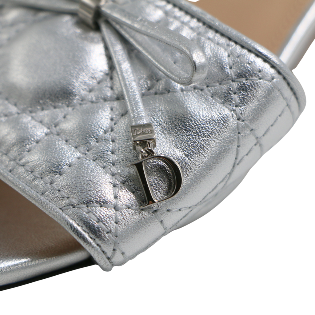 Christian Dior Lady Dior Heels Slide Lambskin Silver In Size 37 1/2
