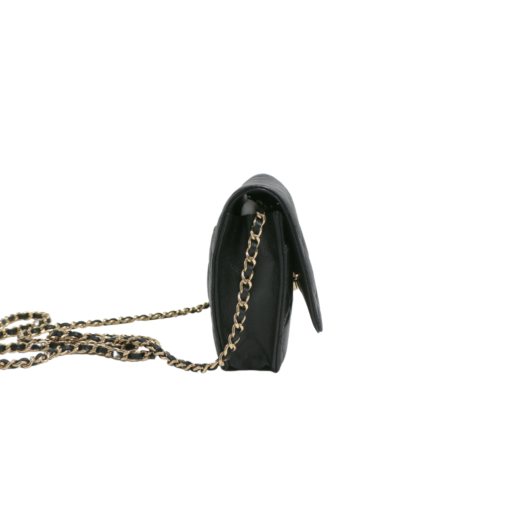 Chanel Black Quilted Caviar Leather Wallet On Chain