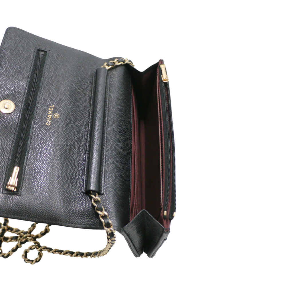 Chanel Black Quilted Caviar Leather Wallet On Chain