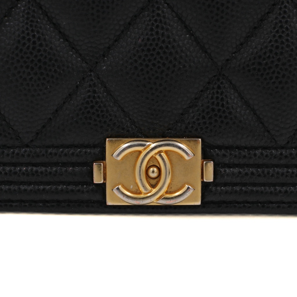Chanel Black Quilted Caviar Leather Boy Wallet On Chain