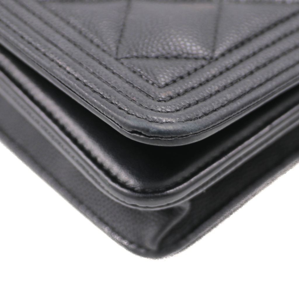 Chanel Black Quilted Caviar Leather Boy Wallet On Chain