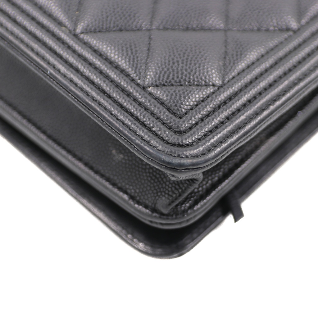 Chanel Black Quilted Caviar Leather Boy Wallet On Chain
