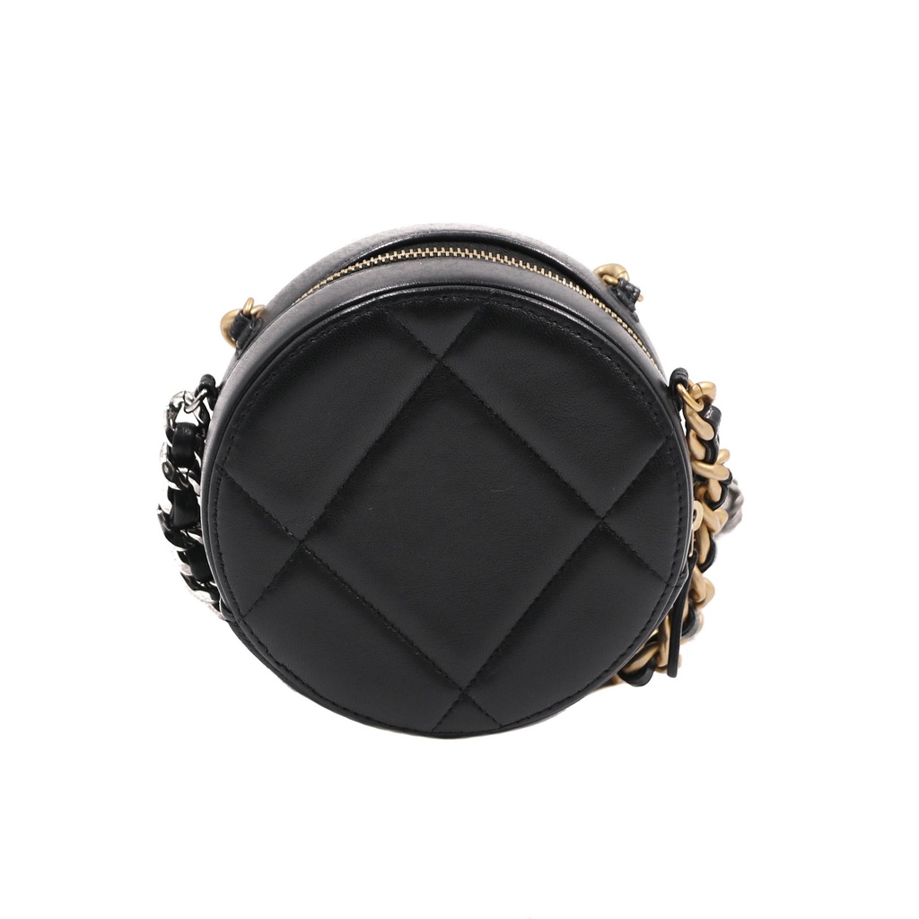 Chanel Shiny Goatskin Quilted Chanel 19 Round Clutch With Chain Black