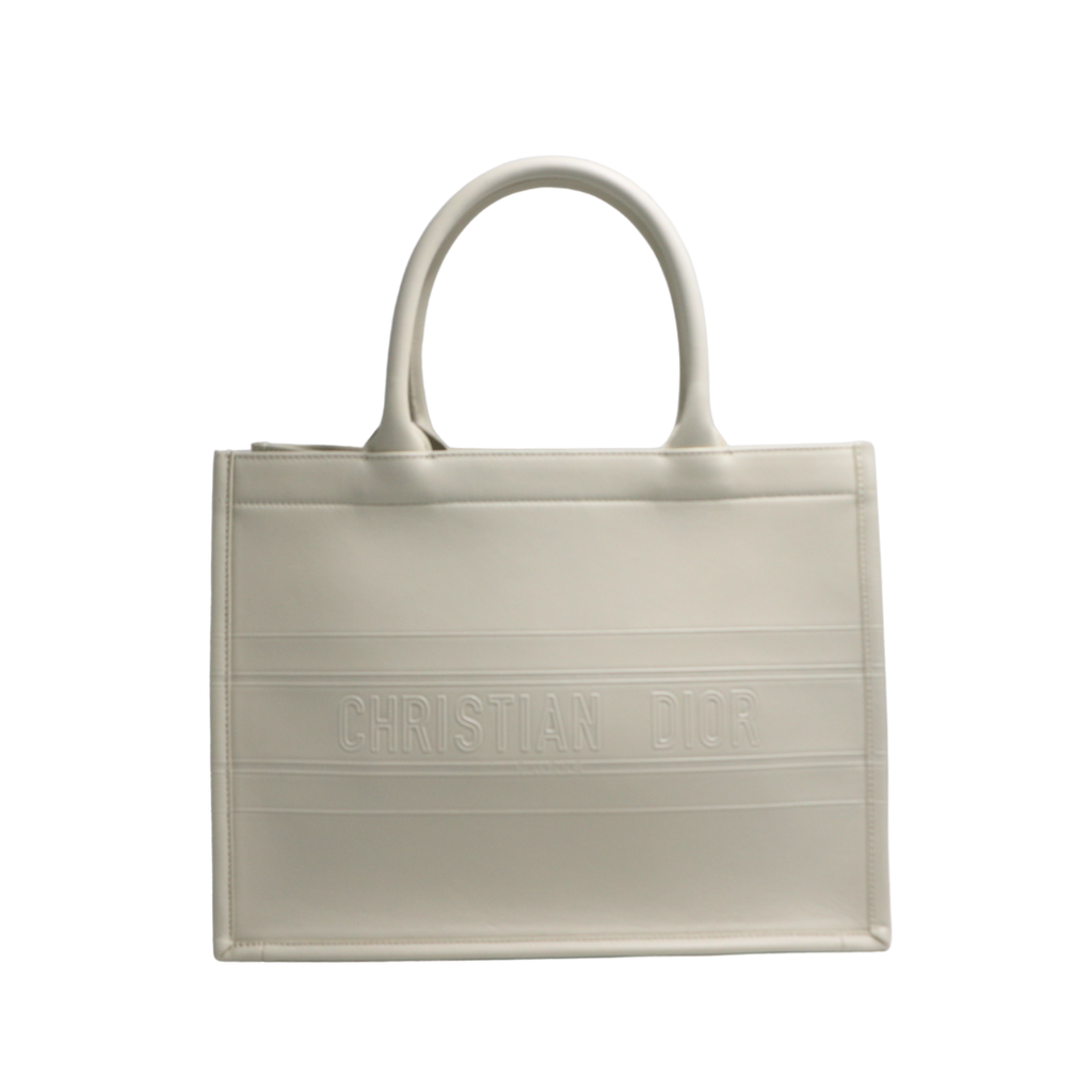 Christian Dior Calfskin Embossed Medium Book Tote Off White