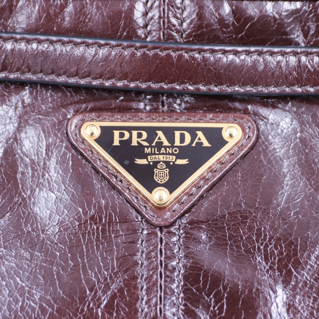 Prada Glossy Calfskin Triangle Medium Bonnie Shoulder Bag Brown