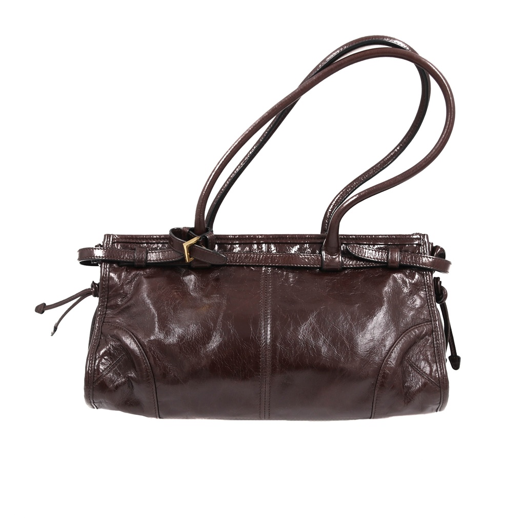 Prada Glossy Calfskin Triangle Medium Bonnie Shoulder Bag Brown