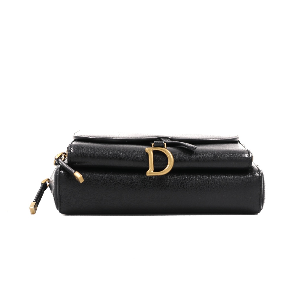 Christian Dior Black Goatskin Double Saddle Pouch Crossbody Bag