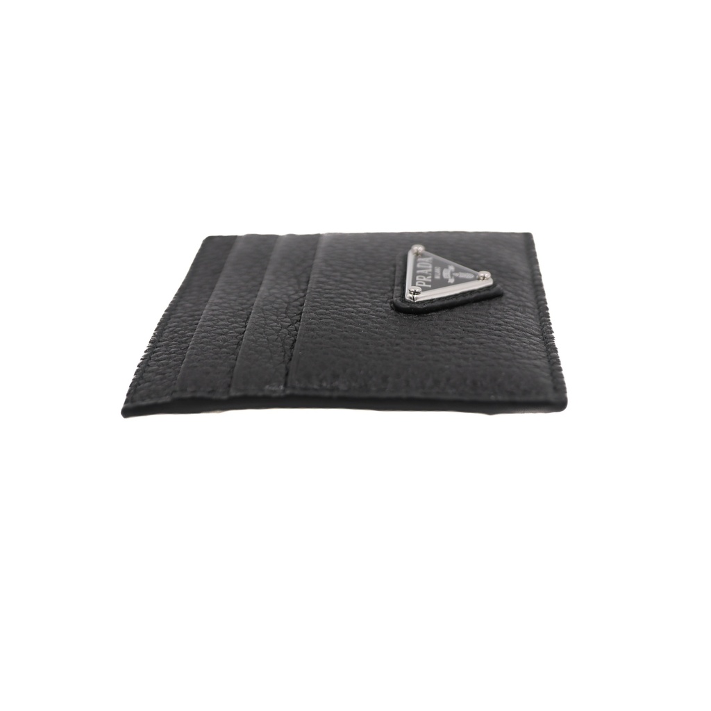 Prada Cardholder Black Grained Leather With a Silver-Tone Logo Plaque