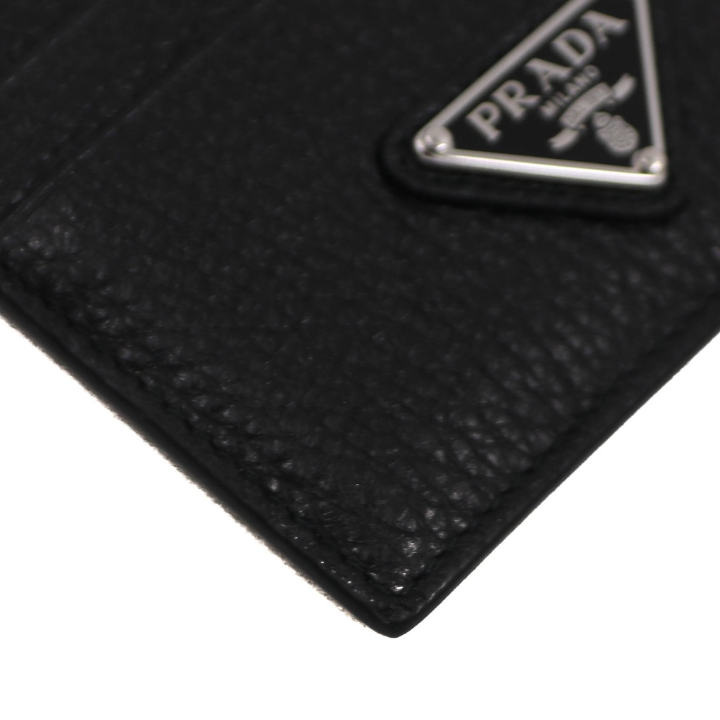 Prada Cardholder Black Grained Leather With a Silver-Tone Logo Plaque
