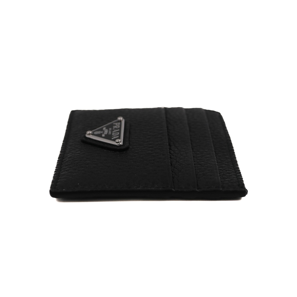 Prada Cardholder Black Grained Leather With a Silver-Tone Logo Plaque