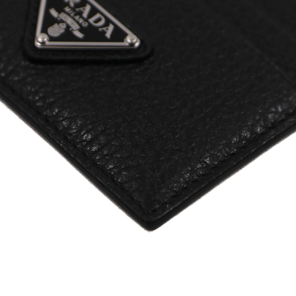 Prada Cardholder Black Grained Leather With a Silver-Tone Logo Plaque