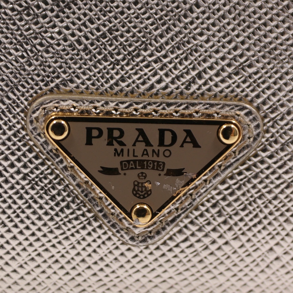 Prada Cardholder Gold Grained Leather With a Silver-Tone Logo Plaque