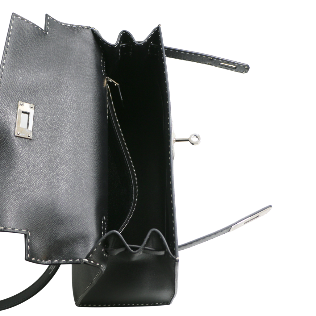 Hermes Kelly Sellier 28 Jet black white stitching Y2019
