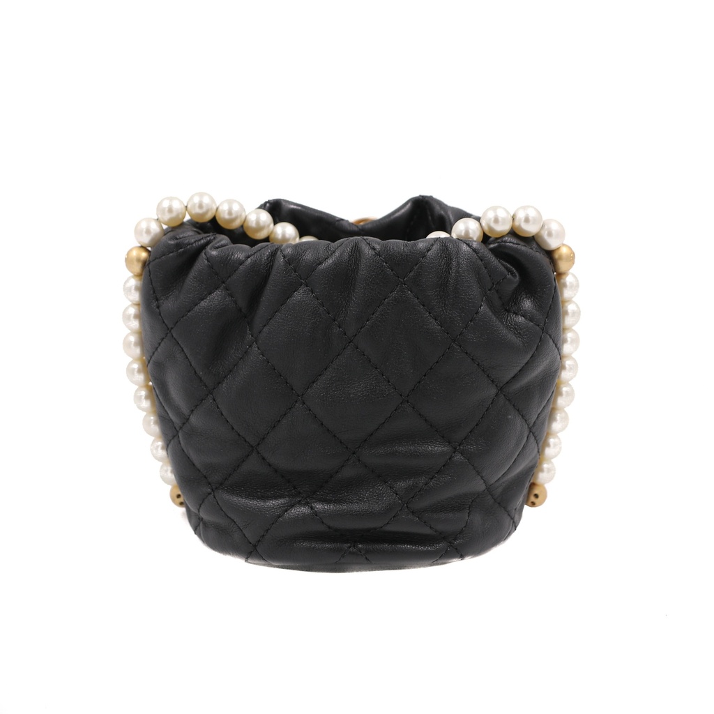 Chanel Calfskin Quilted Pearl Mini About Pearls Drawstring Bucket Bag Black