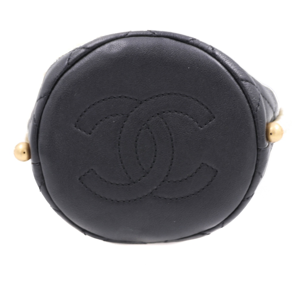 Chanel Calfskin Quilted Pearl Mini About Pearls Drawstring Bucket Bag Black